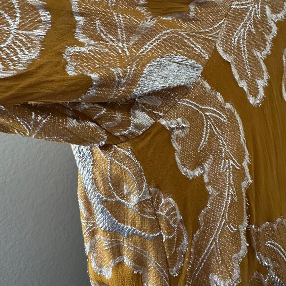 Anthropologie Maeve Flowy Mini Dress Tie Neck Long Cuffed Sleeve Gold Metallic L - Picture 10 of 16